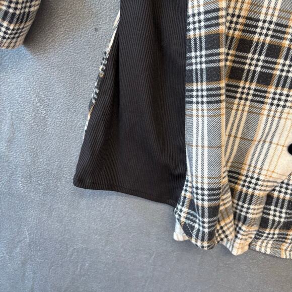 Plaid Flannel Button Up Shirt Beige Black Check 1X Plus Size Preppy Skate Casual - Picture 9 of 12